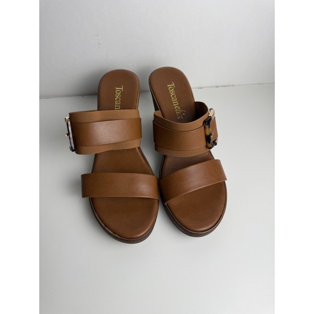 Toscanella Sandals 9.5 Cognac Brown Made In Italy Slip On Tortoise Buckle